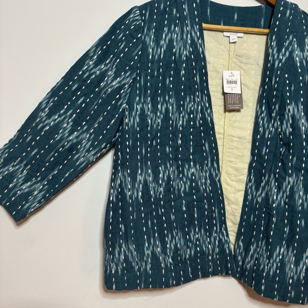 J. Jill Pure Jill Kantha Stitched Ikat Jacket Kimono Sari Open Front Teal Blue S